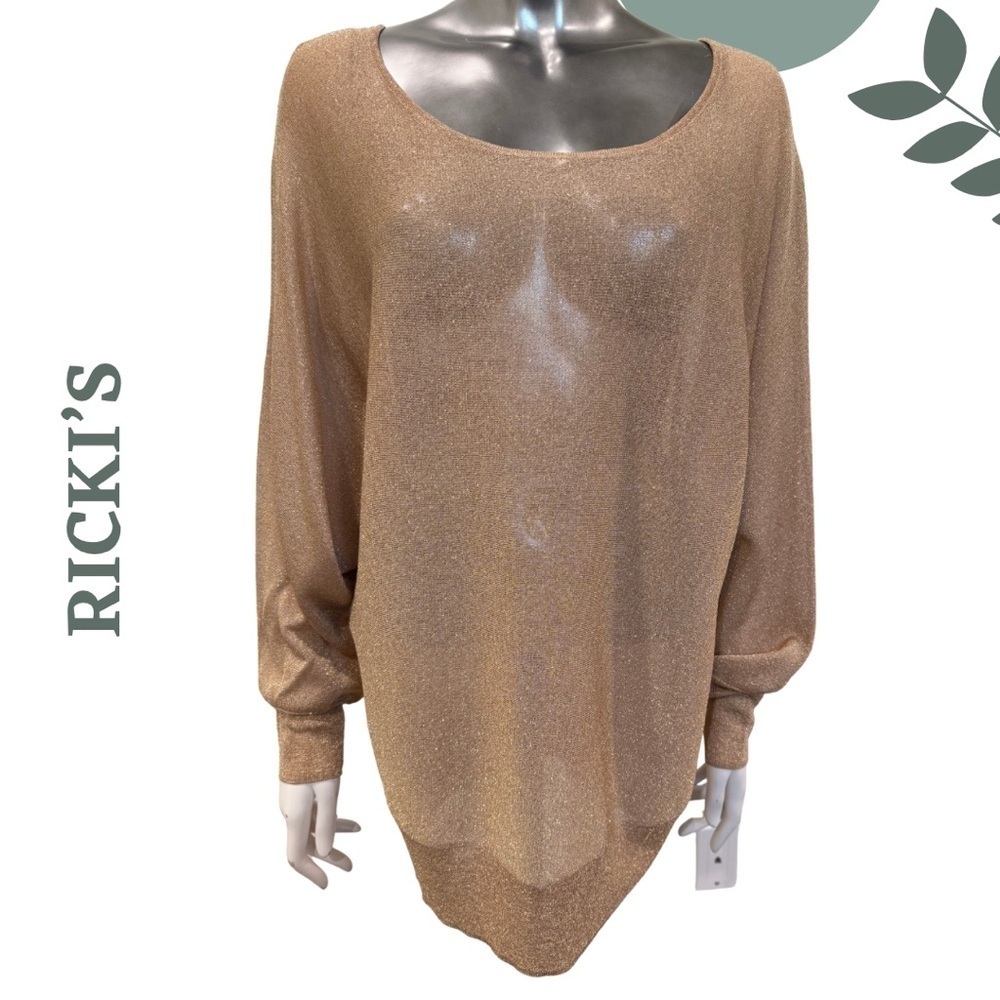 🛍️3/$40 RICKI’S Metallic Gold Lightweight Knit Sweater - Round Neckline Size XXL